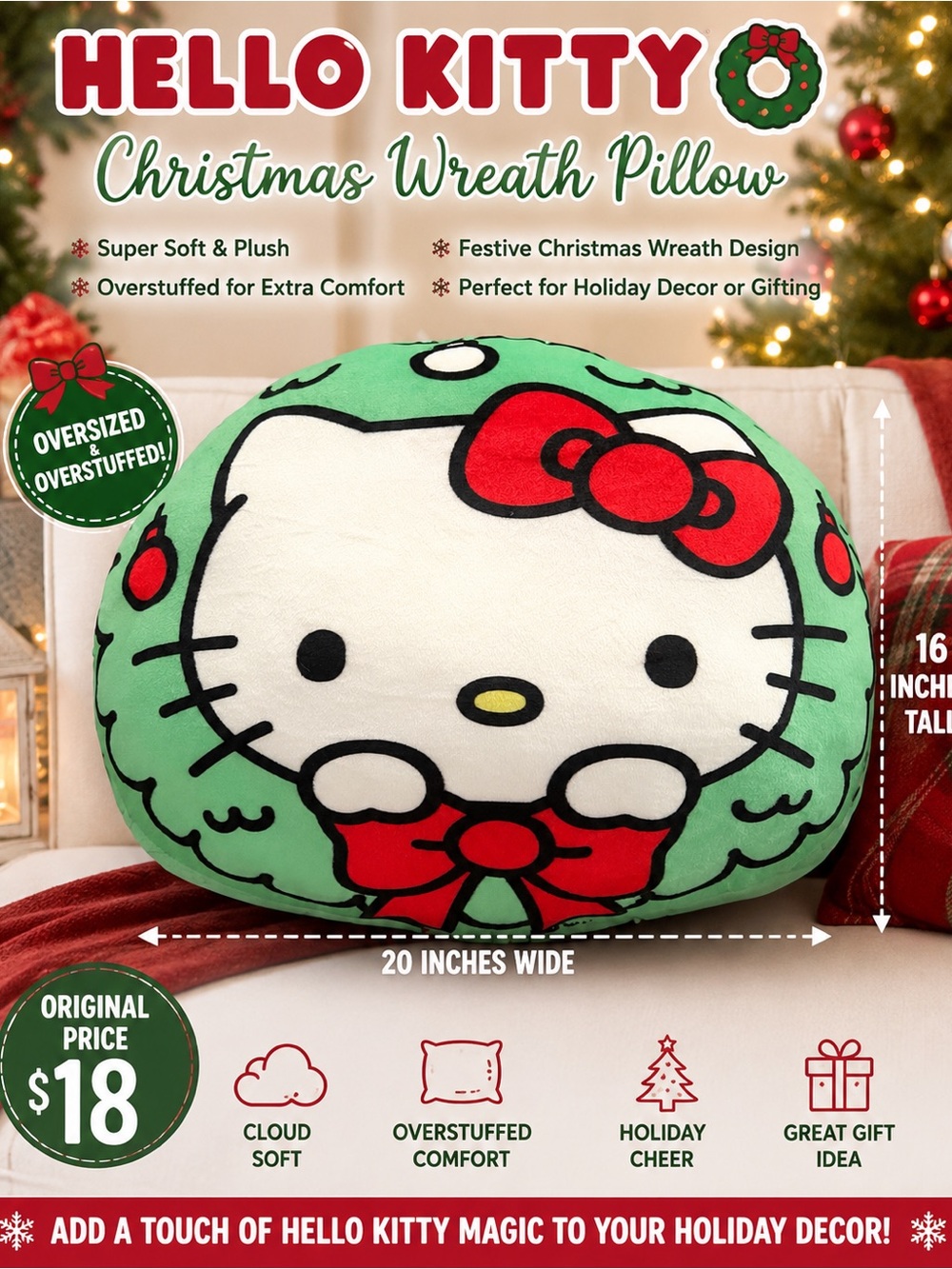Hello Kitty Green Wreath Pillow with Red Bow